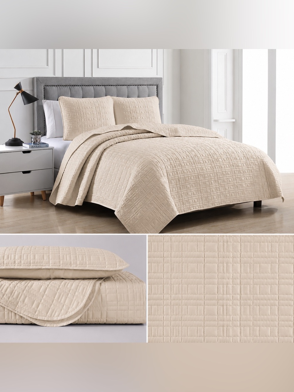 Beige Full/Queen 3 piece Quilted Bedspread Set - Classic Textured Coverlet